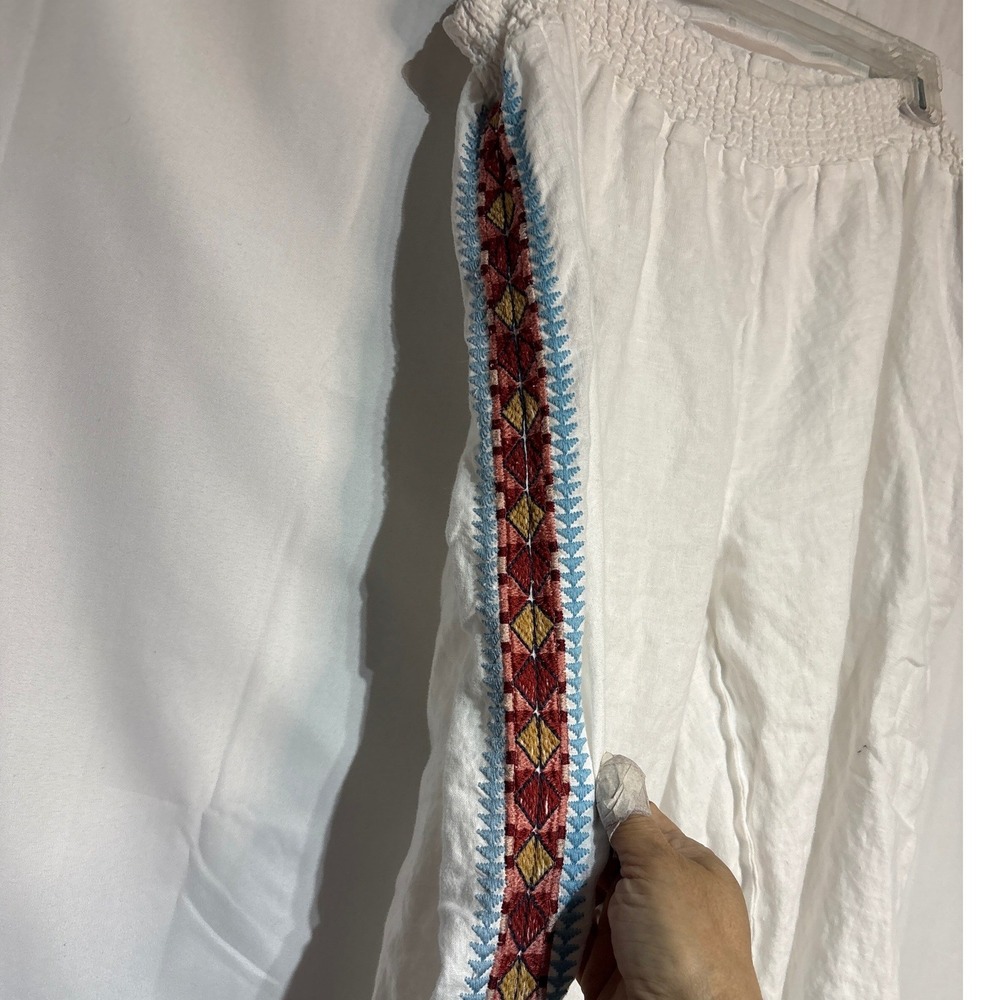 JW Los Angeles Womens XXL White Linen Embroidered Side Stripe Smocked Pants - Picture 3 of 7